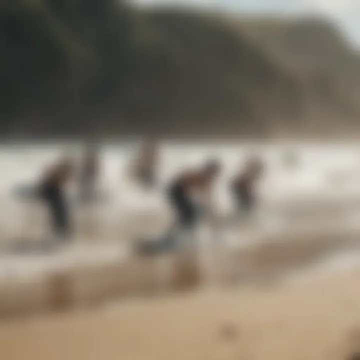 Group of surfers engaging in a beach clean-up, highlighting community efforts.