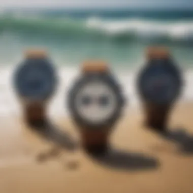 Rip Curl watch collection displayed in a surf-themed setting