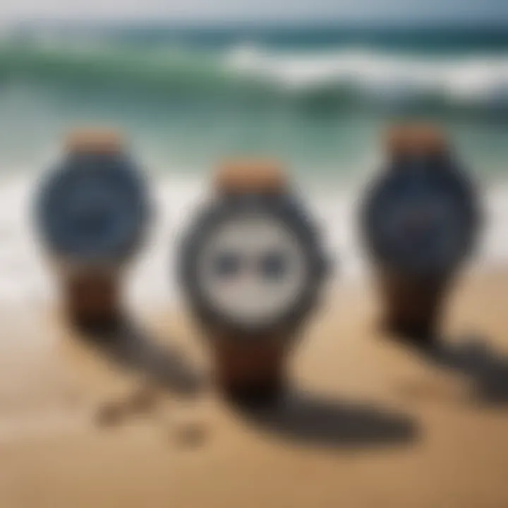 Rip Curl watch collection displayed in a surf-themed setting