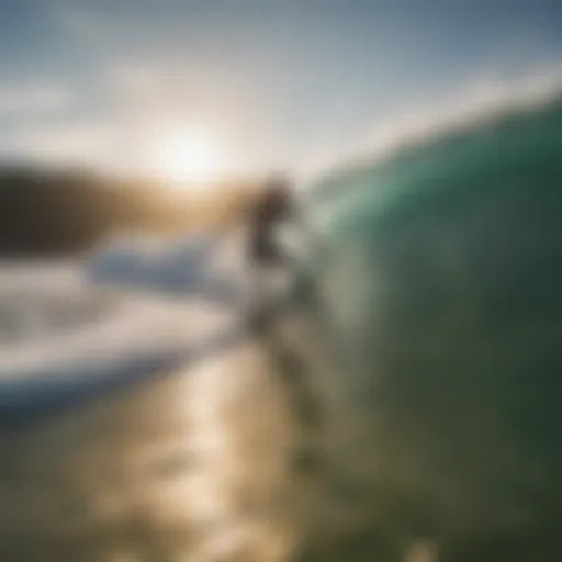 A vibrant beach scene with surfers in action under the sun