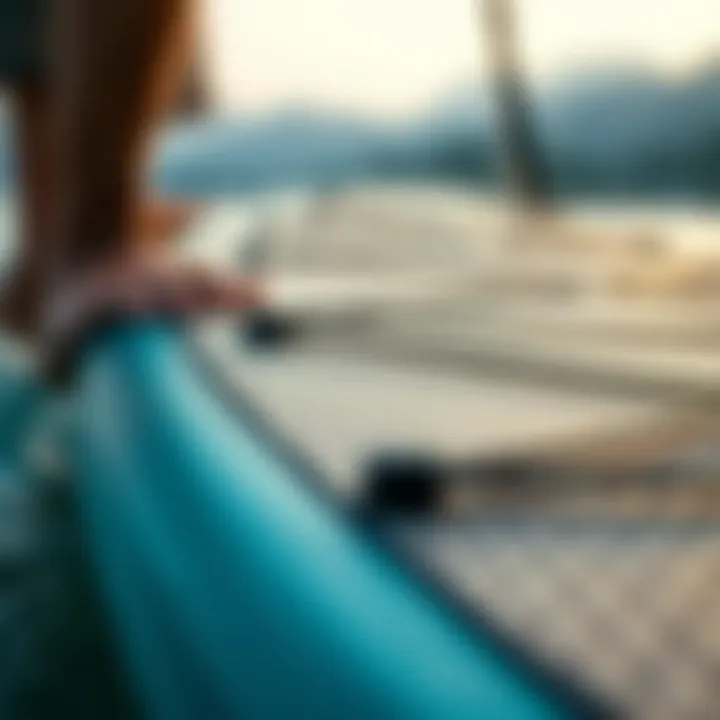 Close-up of paddle board material highlighting durability and design