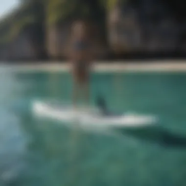 An innovative self propelled stand up paddle board on crystal clear water