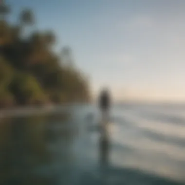 A serene ocean view with a lone paddle boarder in the distance