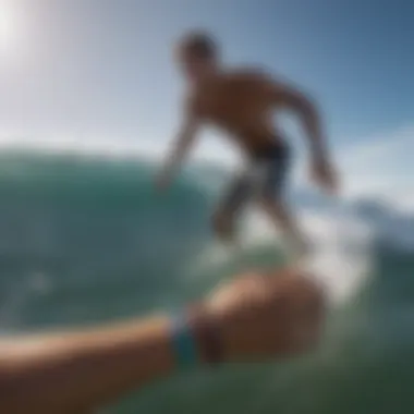 Depiction of surfers utilizing shark-resistant bracelets in ocean settings