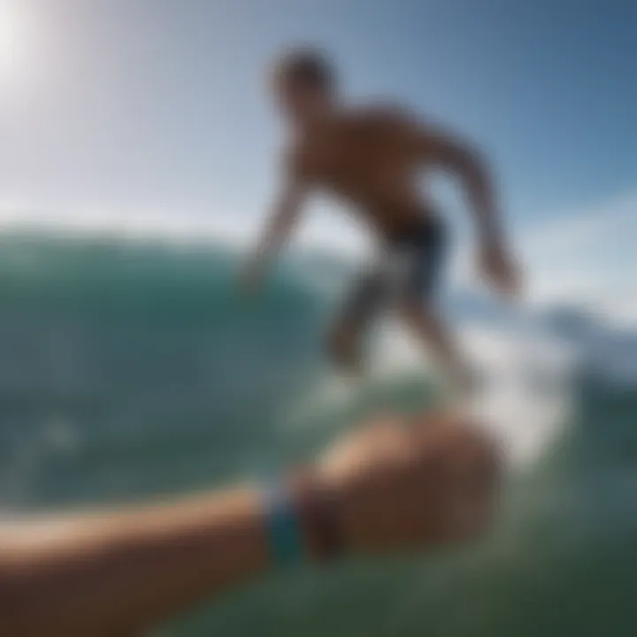 Depiction of surfers utilizing shark-resistant bracelets in ocean settings