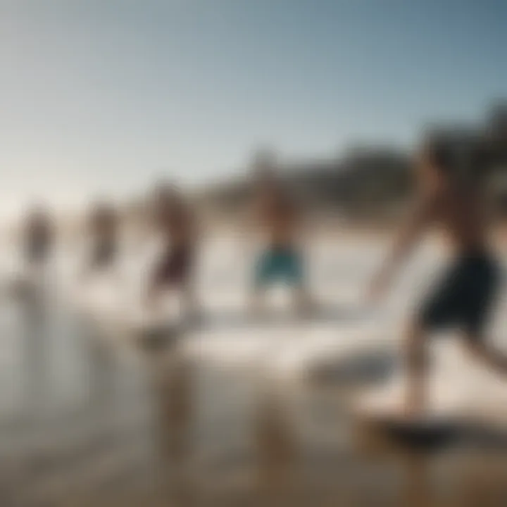 A group of enthusiasts enjoying a day of skimboarding at the beach.