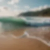 A tranquil beach scene with gentle waves lapping the shore