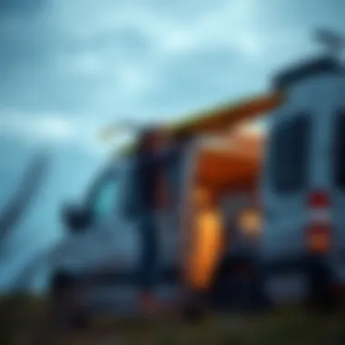 A person installing a surfboard rack on a sprinter van