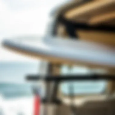 Close-up of a surfboard securely fastened on a rack