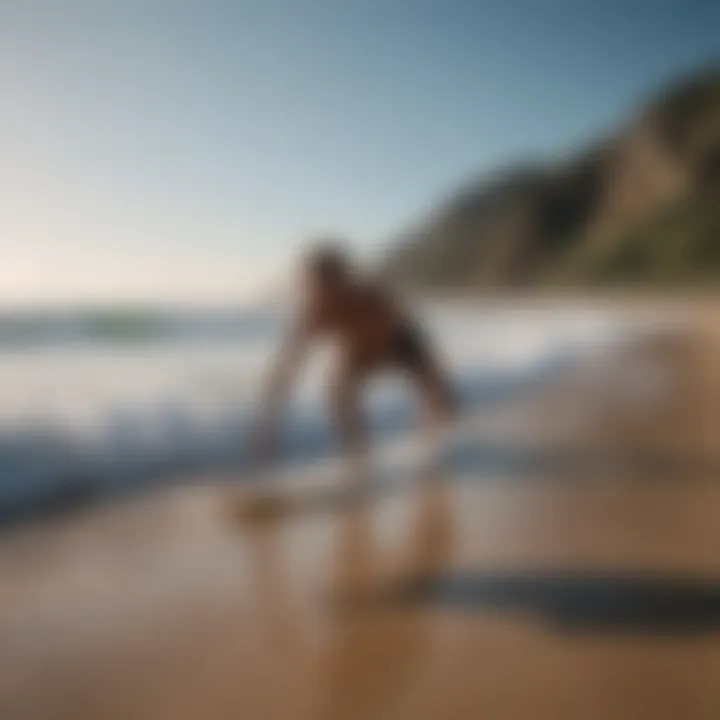 A surfer stretching on a beach before hitting the waves