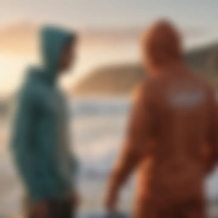 A serene sunset with a surfer wearing a changing hoodie, emphasizing the cultural connection