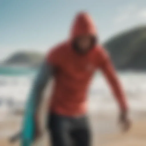 A surfer changing in a vibrant surf changing hoodie on the beach