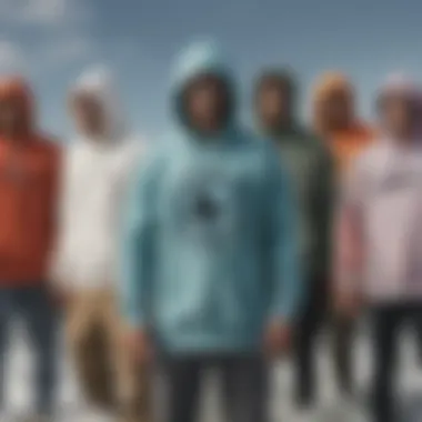 A group of surfers gathered, showcasing various designs of surf changing hoodies