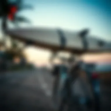 Surfboard Transport with Ease Surfboard securely attached to a bike surf rack