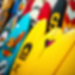 Colorful and artistic surfboard logos displayed on various boards
