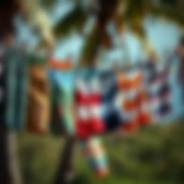 Styles of Surfboard Shorts Diverse surfboard shorts styles hanging on a clothesline