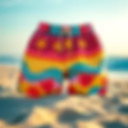 Vibrant surfboard shorts displayed on a sandy beach