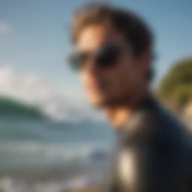 A surfer checking the ocean while wearing stylish prescription sunglasses