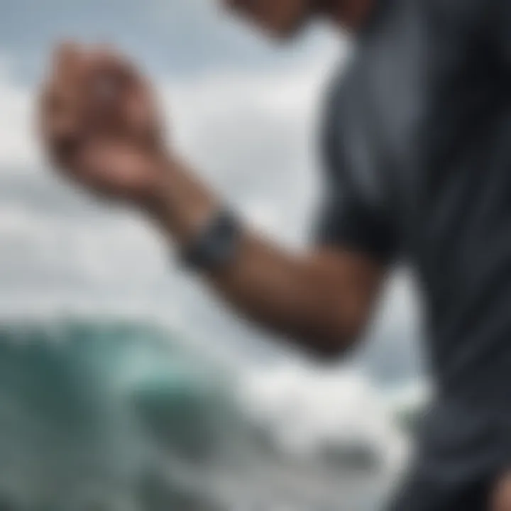 Close-up of a surfer checking tide watch before hitting the waves