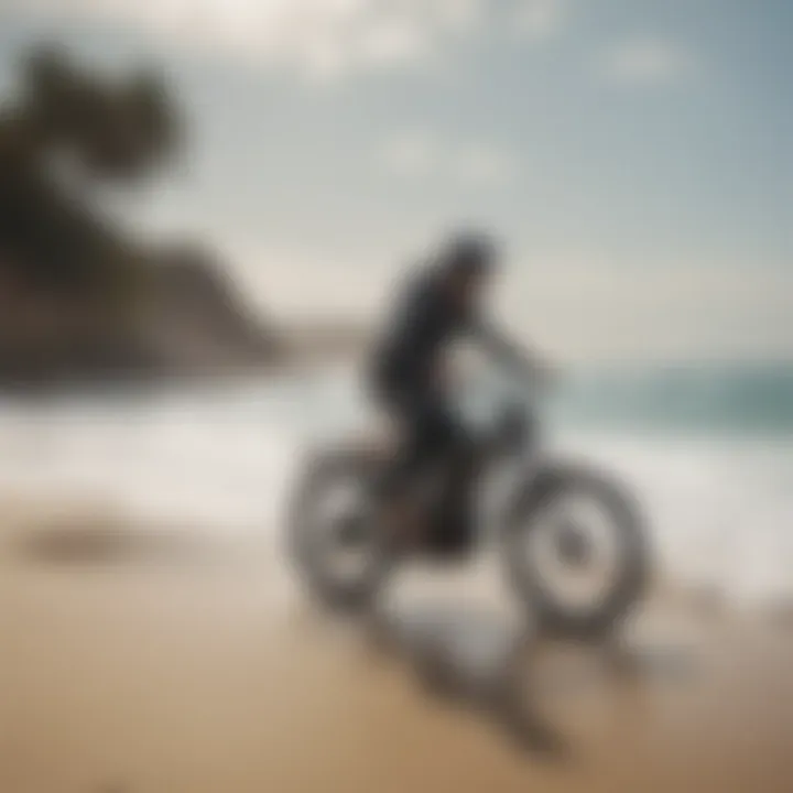 Surfer riding a surf electric bike near the beach