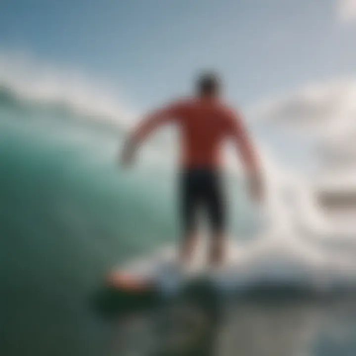 A surfer riding a wave with a tide watch clearly visible