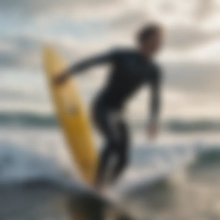 A surfer utilizing a handheld wind device while preparing for a ride on the waves.