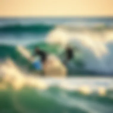 Surfers riding waves with logos prominently featured on their boards