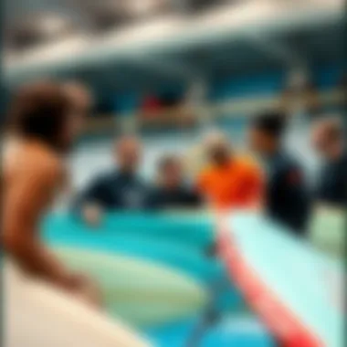 Group of surfers sharing experiences at an indoor surf venue