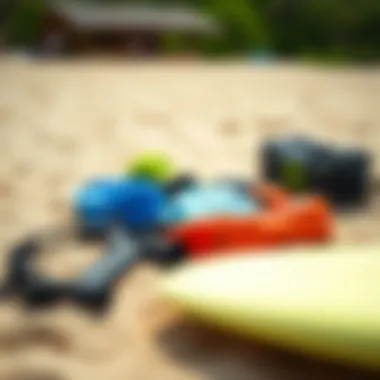 A close-up of essential surfing gear laid out on a sandy beach