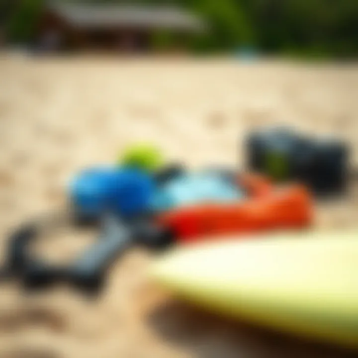 A close-up of essential surfing gear laid out on a sandy beach