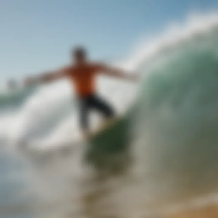 A beginner surfer catching their first wave with enthusiasm.