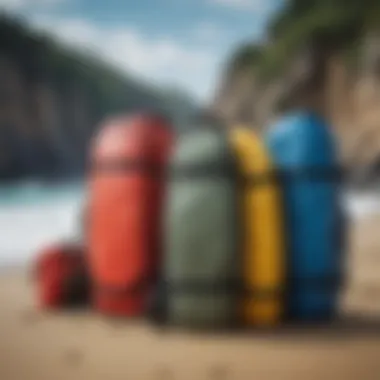 Comparison of Surf Travel Bag Styles Different styles of surf travel bags arranged for comparison.