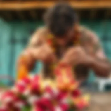 Skilled artisan delicately crafting a flower lei