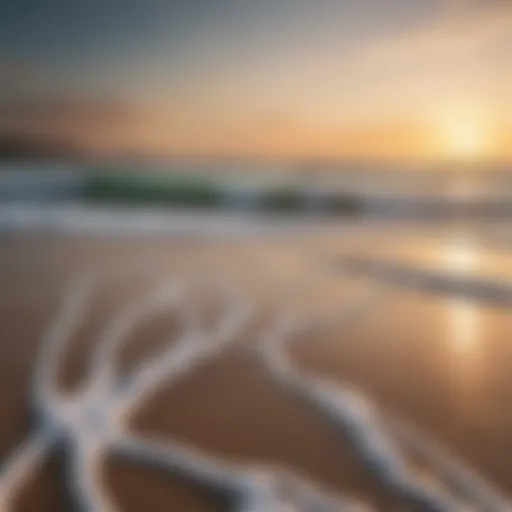 A tranquil beach at sunset with gentle waves lapping the shore