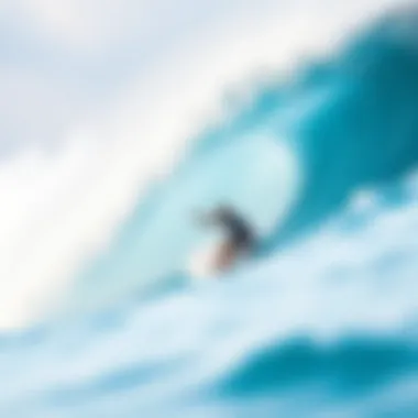 Surfer navigating through a large wave