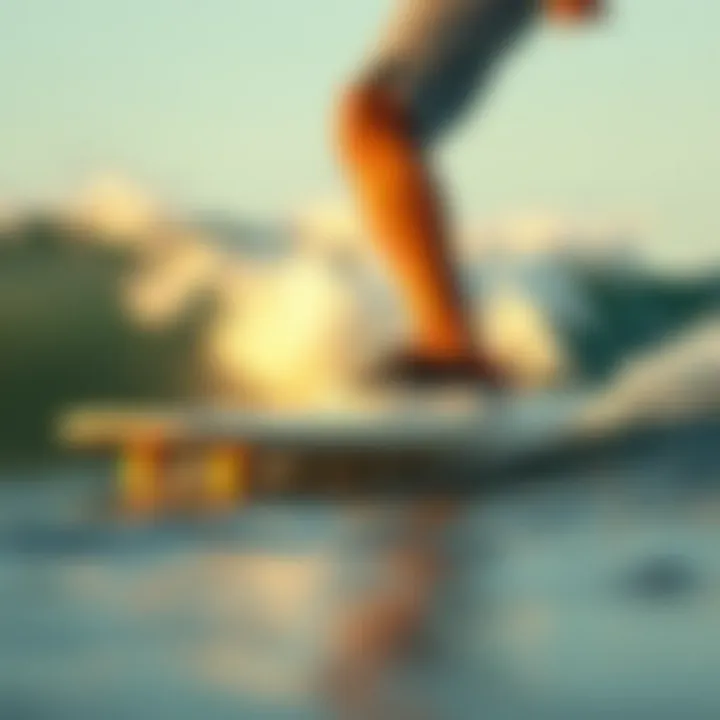 Surfer in Action with Skate Shoes A surfer wearing gum sole skate shoes while balancing on a surfboard.