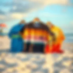 Vibrant surf tees displayed on a beach backdrop