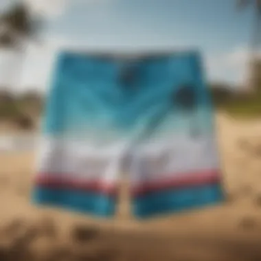 Diverse styles of board shorts displayed on a beach