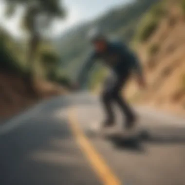 A longboarder executing a sharp turn on a hillside road