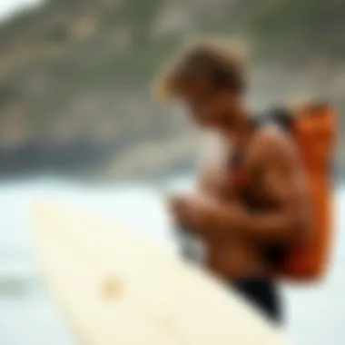 A surfer examining material choices for a longboard bag