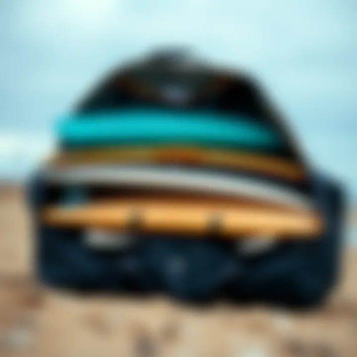 Various longboards neatly packed within a travel bag