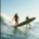 Pioneering Waves: Early Female Surfers A historical depiction of early female surfers riding waves