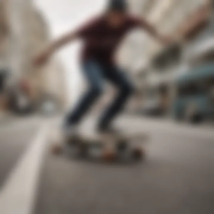 An individual riding a powered skateboard in an urban environment, illustrating its use for transport.