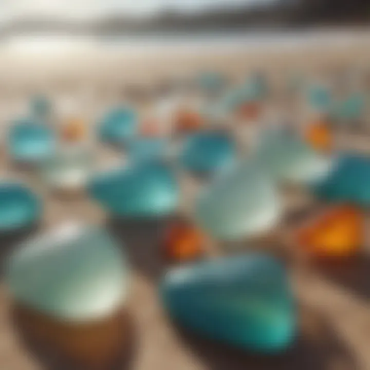 A close-up view of colorful beach glass shimmering in the sunlight.