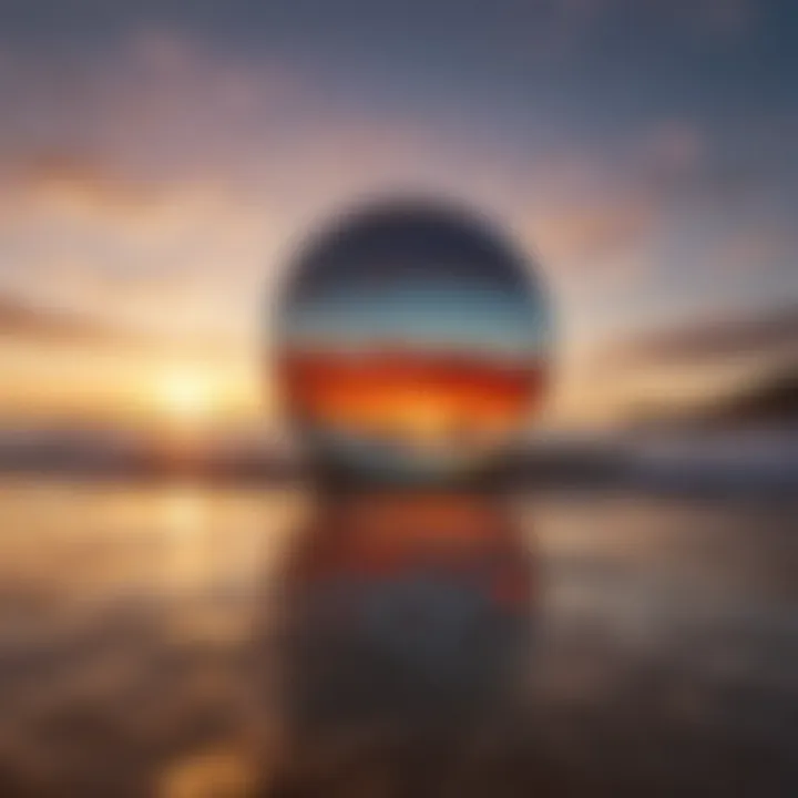 A vibrant sunset casting colorful reflections on the glass-studded sand.