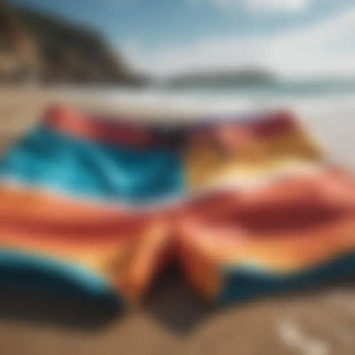 Vibrant swim trunks on a sandy beach