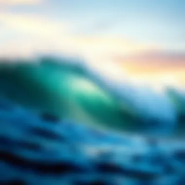 An abstract representation of sound waves merging with ocean imagery, illustrating the connection between sound and surfing