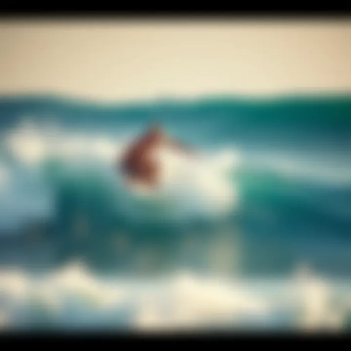 A surfer riding a wave, immersed in the moment, with musical notes subtly integrated into the scene