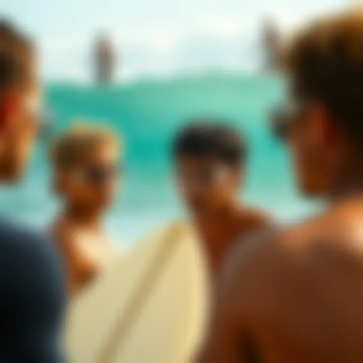 Cultural Insights on Nose Protectors in Surfing A group of surfers discussing the cultural significance of nose protectors.