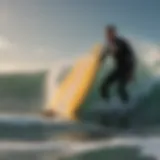 Jack O'Neill in the ocean showcasing his surfboard